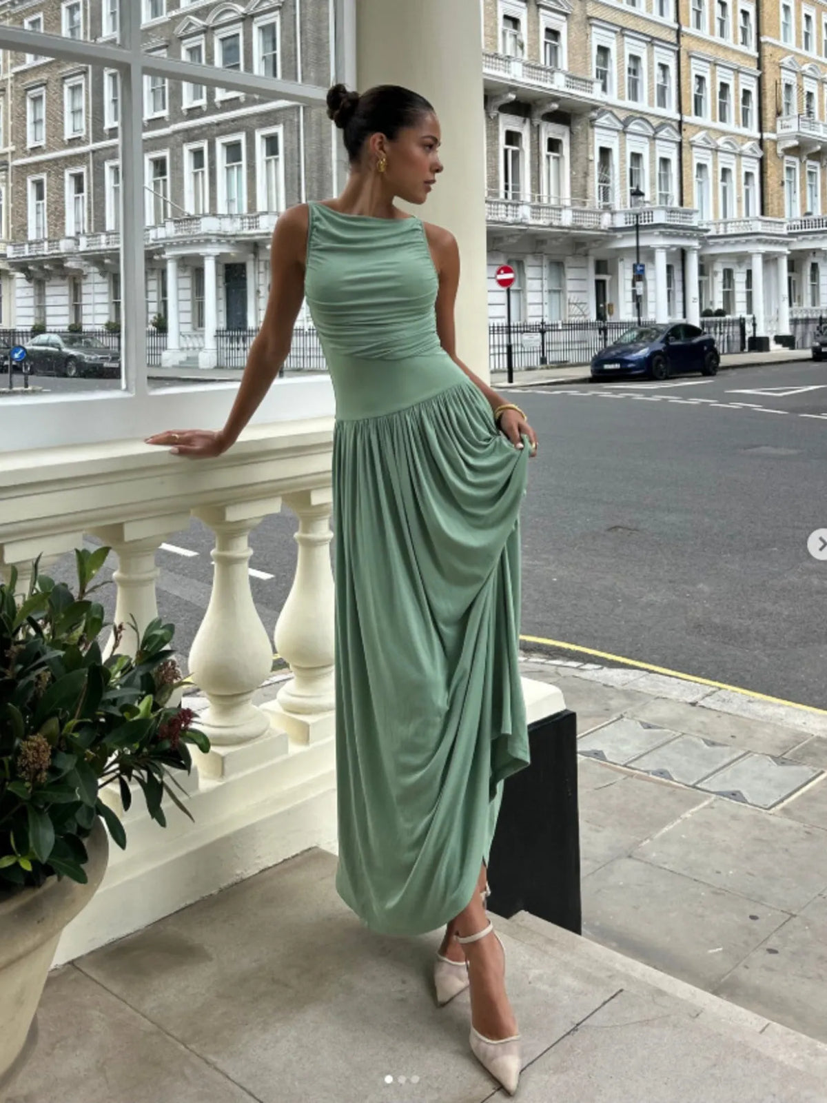 Ruched Sleeveless Maxi Dress in Mint Green