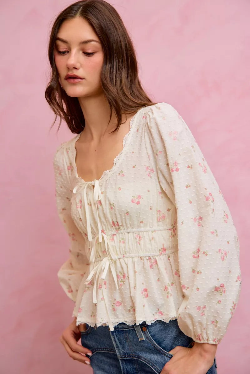 So Me Floral Clip Dot Lace Trim Blouse in White