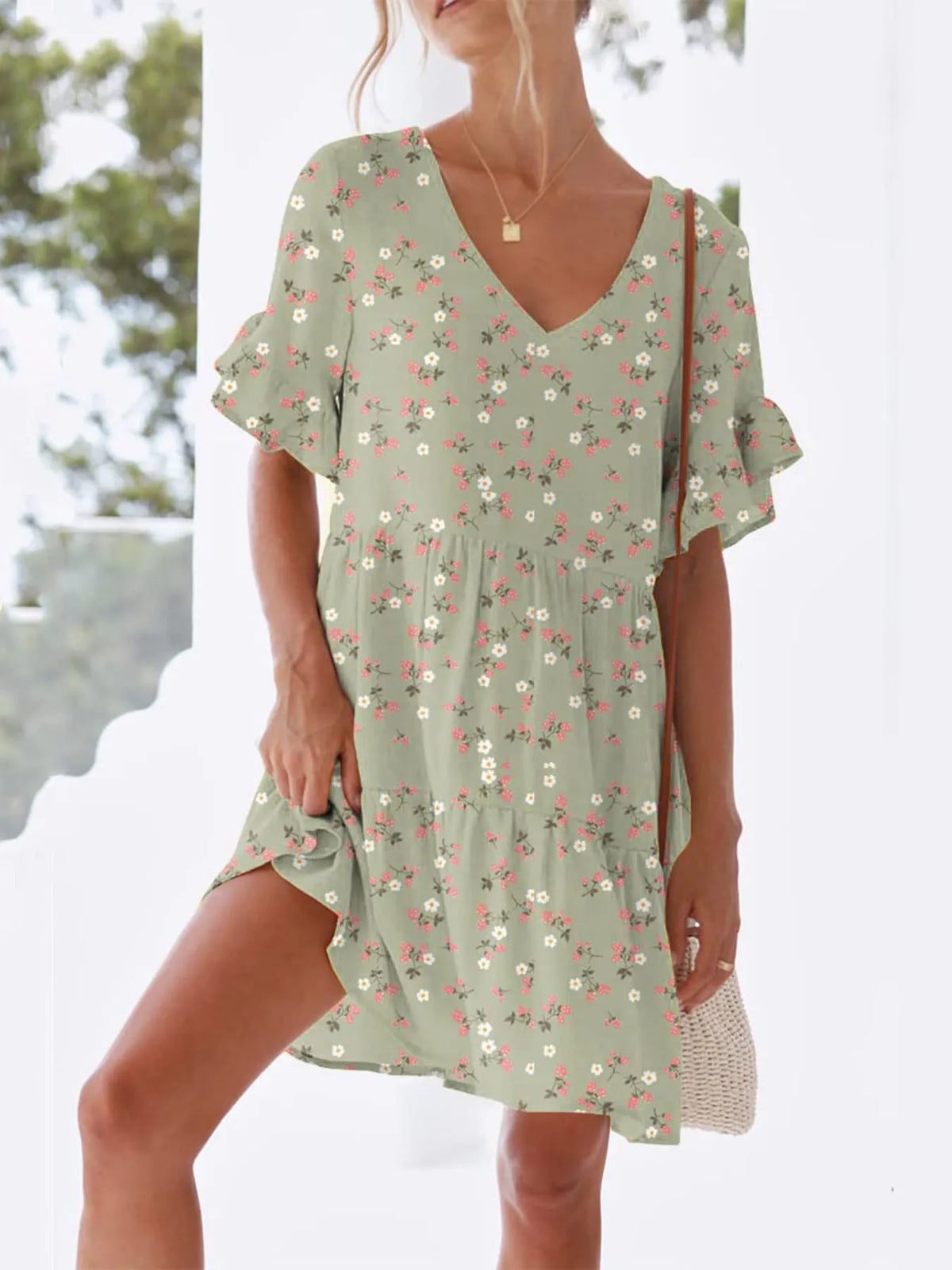 Polka Dot V-Neck Tiered Mini Dress