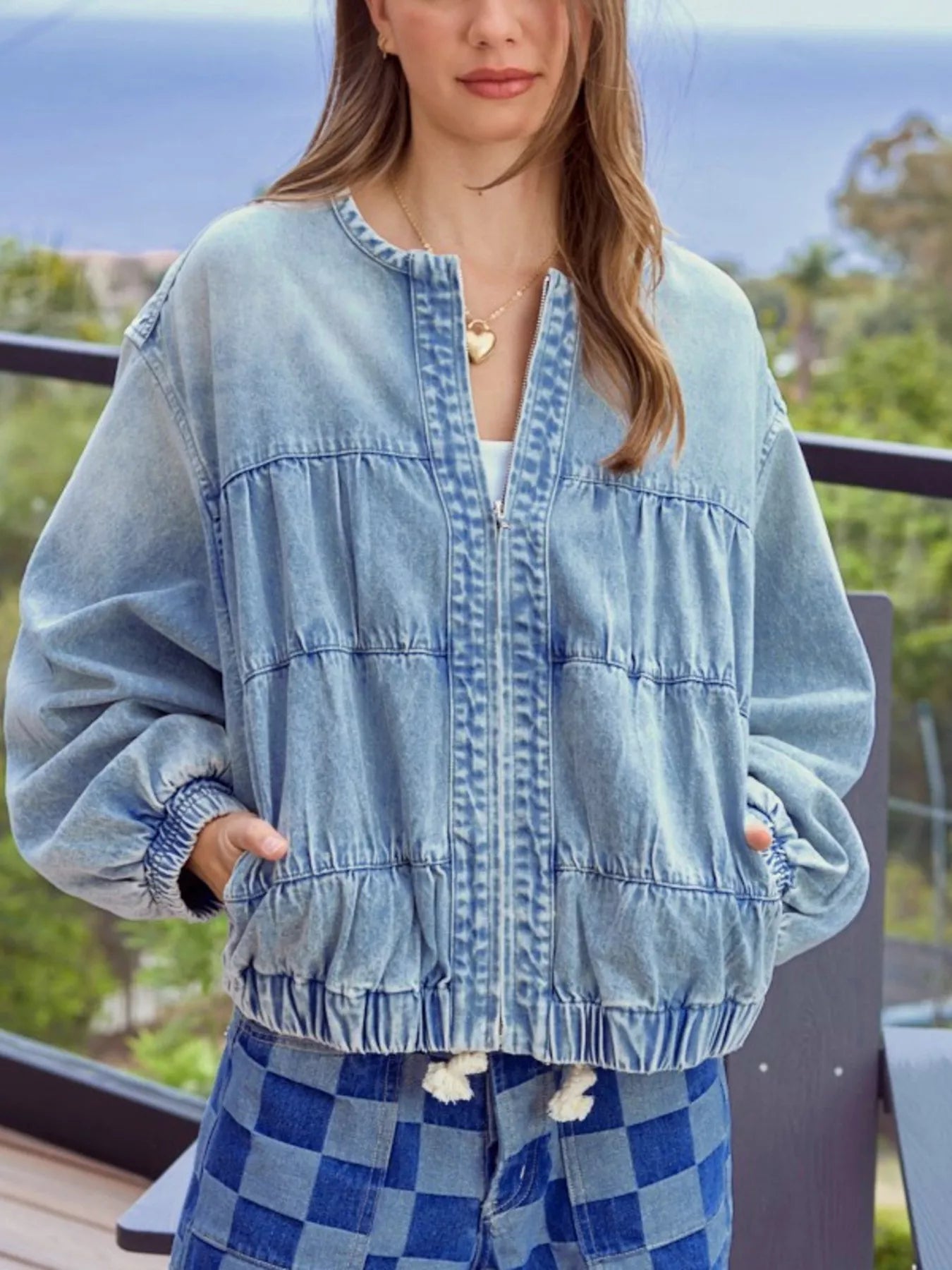 Washed Zip-Up Denim Jacket in Medium Wash