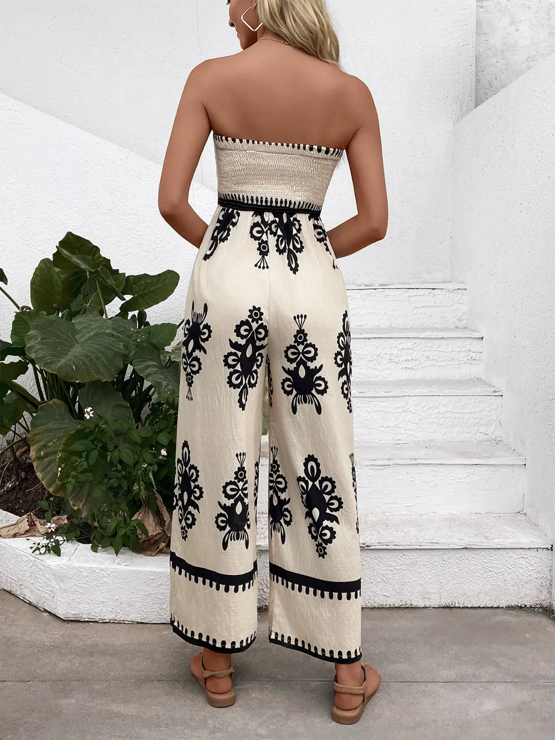 Smocked Wide Leg Jumpsuit in Beige