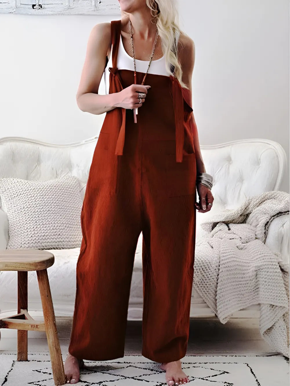 Pocketed Wide Strap Overalls in Burgundy