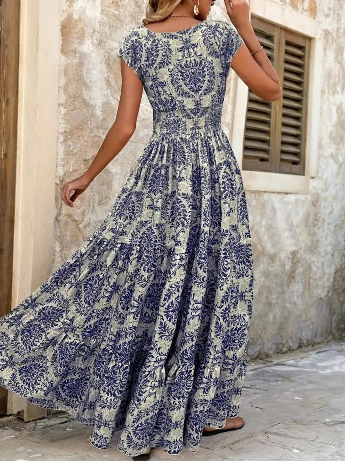 Printed Cap Sleeve Tiered Maxi Dress