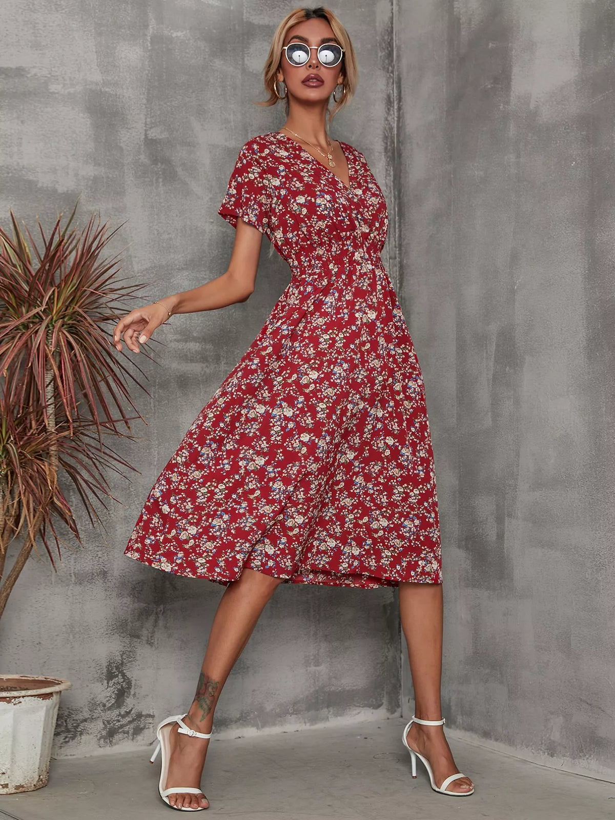 Smocked Printed Short-Sleeve Midi Dress