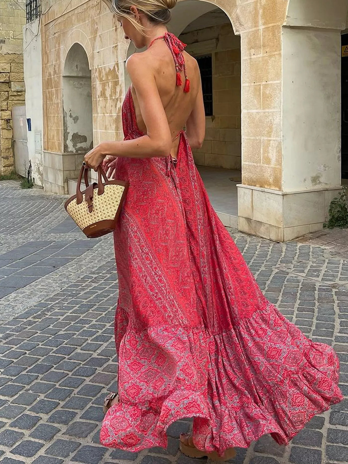 Tiered Halter Neck Maxi Dress in Deep Rose