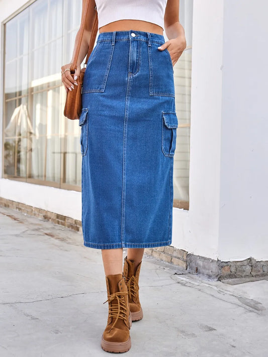Slit Midi Denim Skirt with Pockets in Medium Wash by Manny