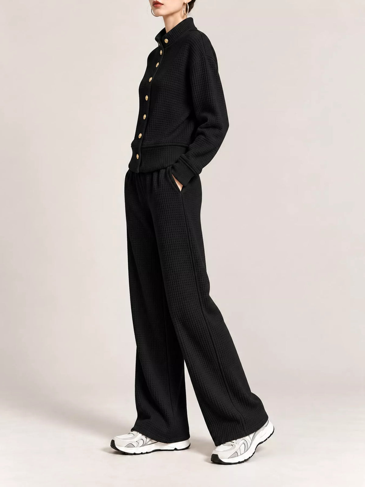 Waffle Knit Button-Up and Wide-Leg Pants Set