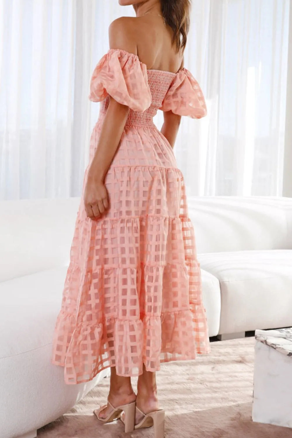 Off Shoulder Puff Sleeve Midi Dress