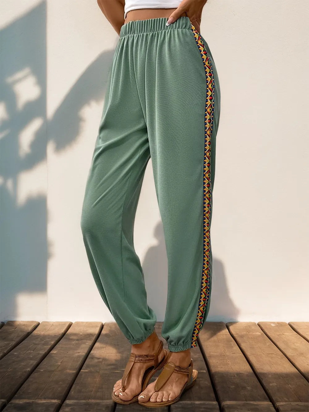 Patchwork Elastic-Waist Joggers in Gum Leaf