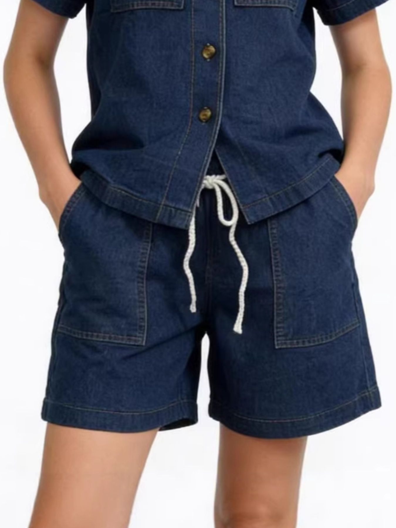 Button Up Short Sleeve Top and Shorts Denim Set by Dreamy Drapes