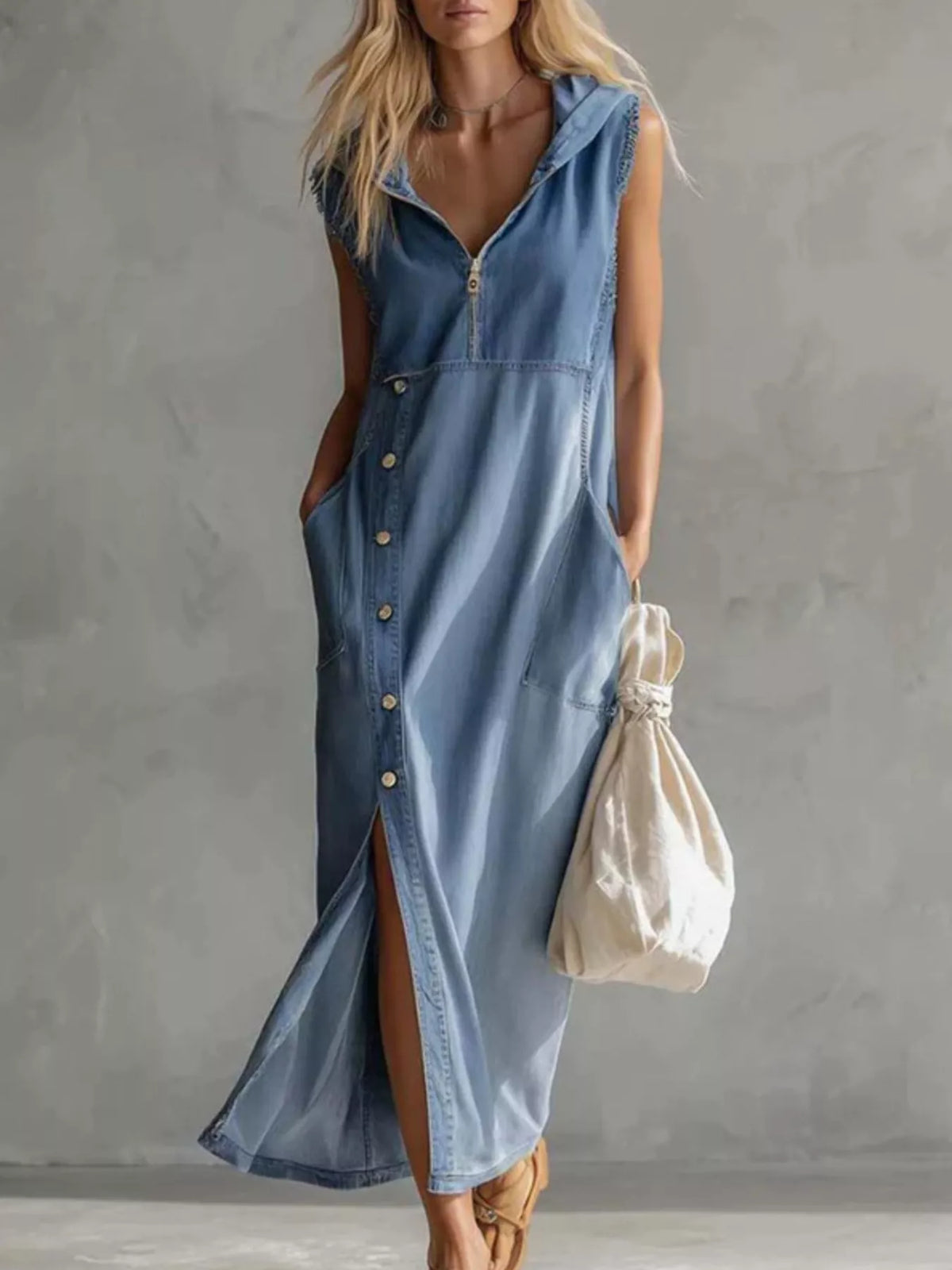 Hooded Denim Maxi Dress in Blue