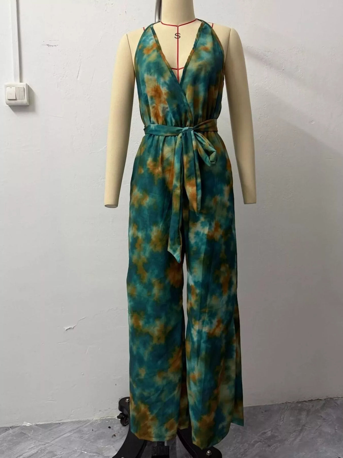 Tie-Dye Halter Wide-Leg Jumpsuit in Dark Green