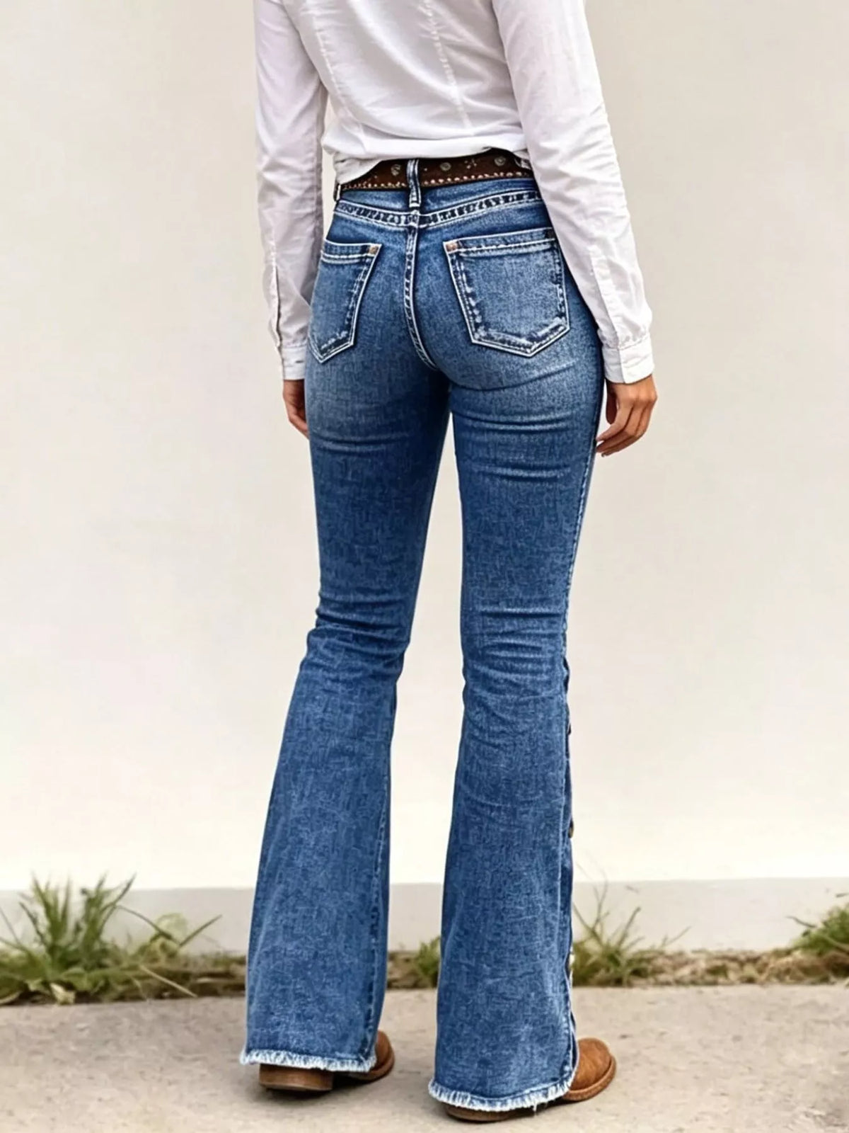 Raw Hem Bootcut Jeans in Medium Blue