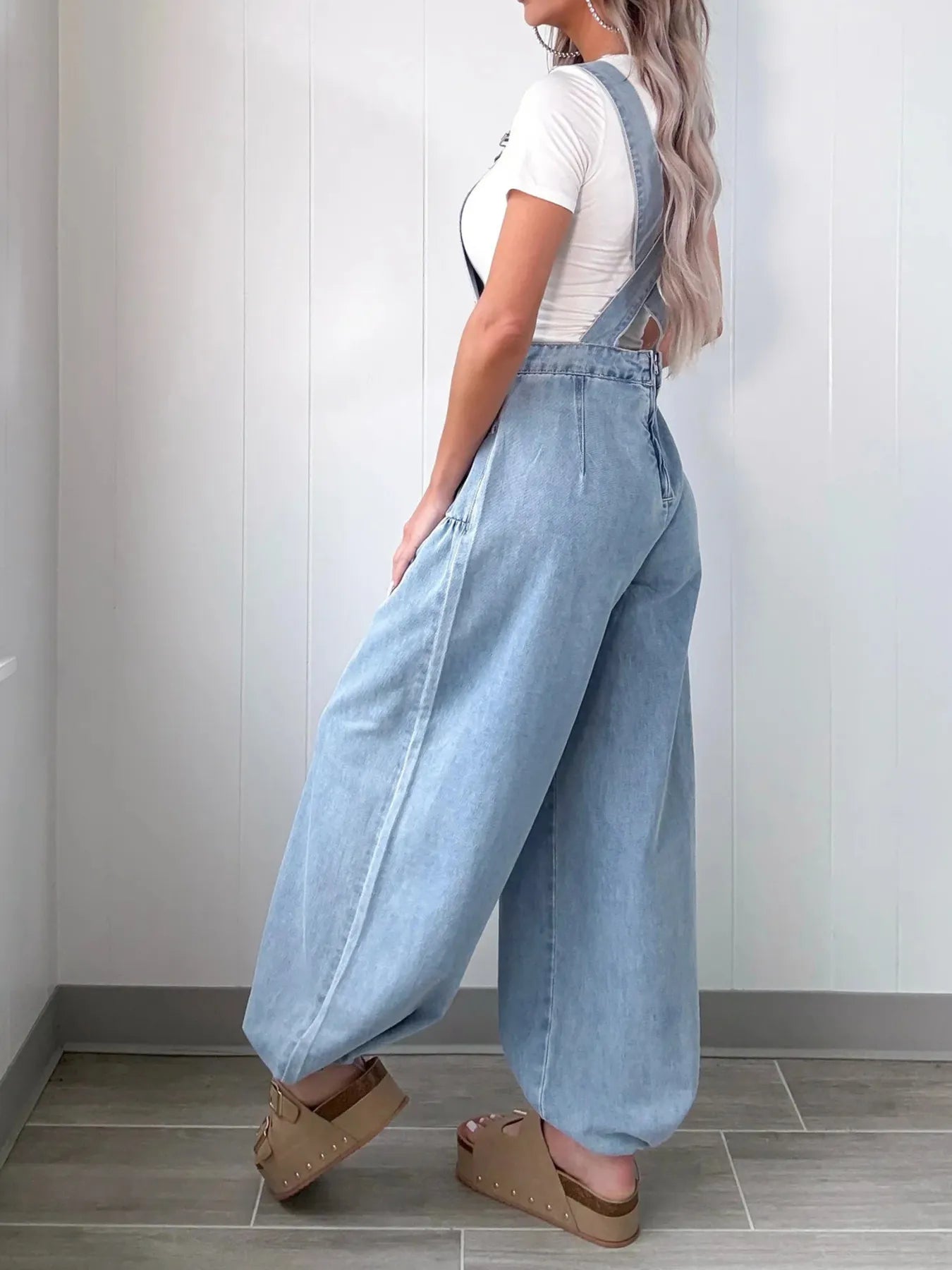 Wide Leg Denim Overalls in Light Blue