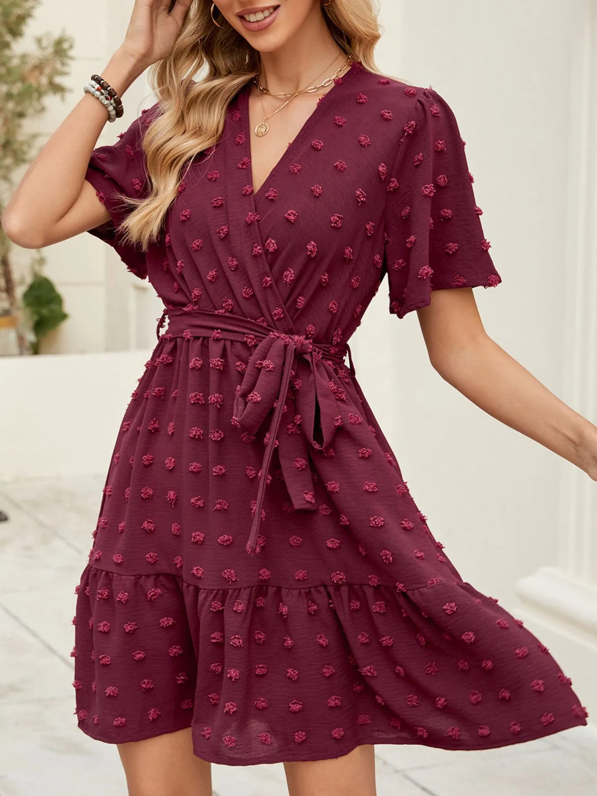 Swiss Dot Wrap Dress in Burgundy