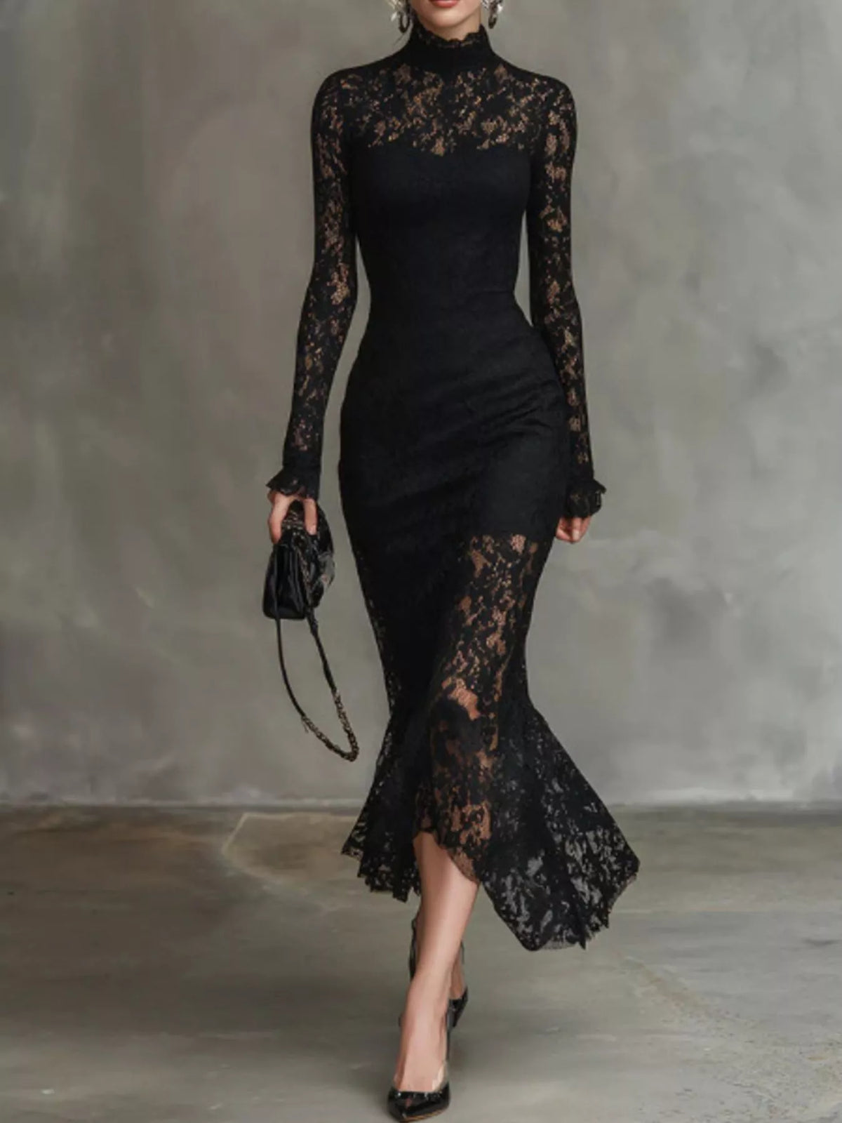 Lace Mock Neck Long Sleeve Mermaid Midi Dress in Black