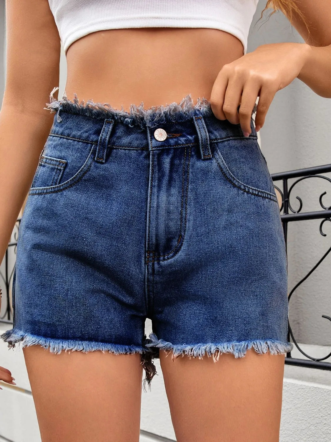 Washed Raw Hem Denim Shorts by Moni Wear
