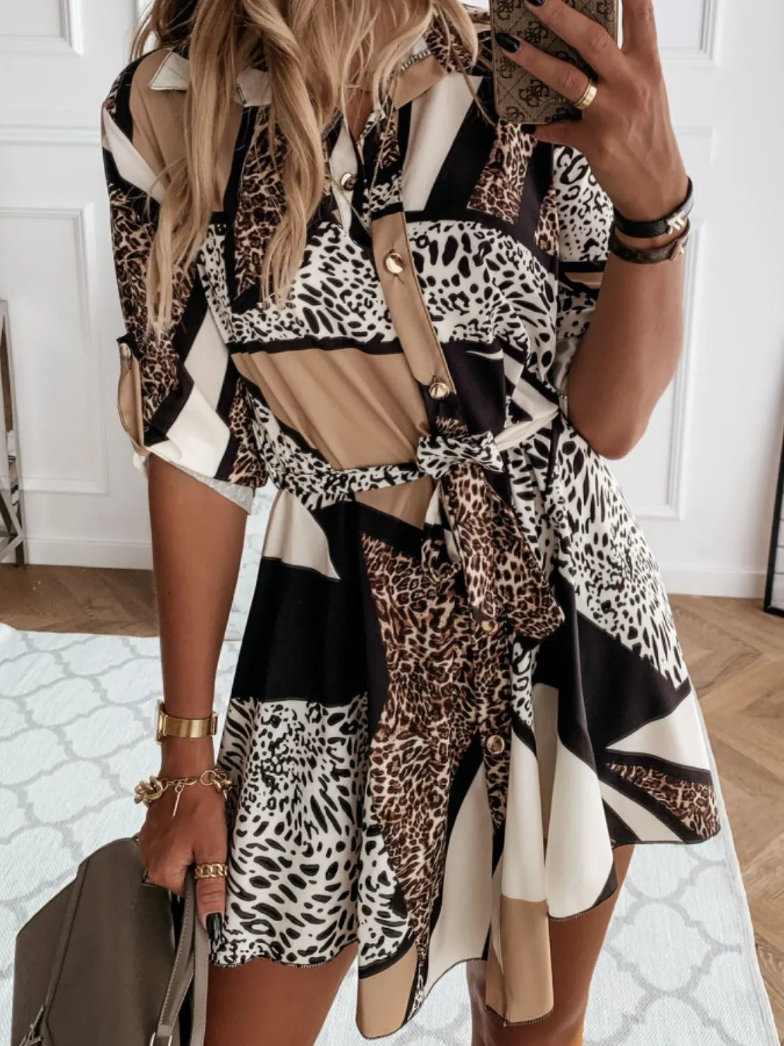 Printed Roll-Tab Sleeve Mini Dress