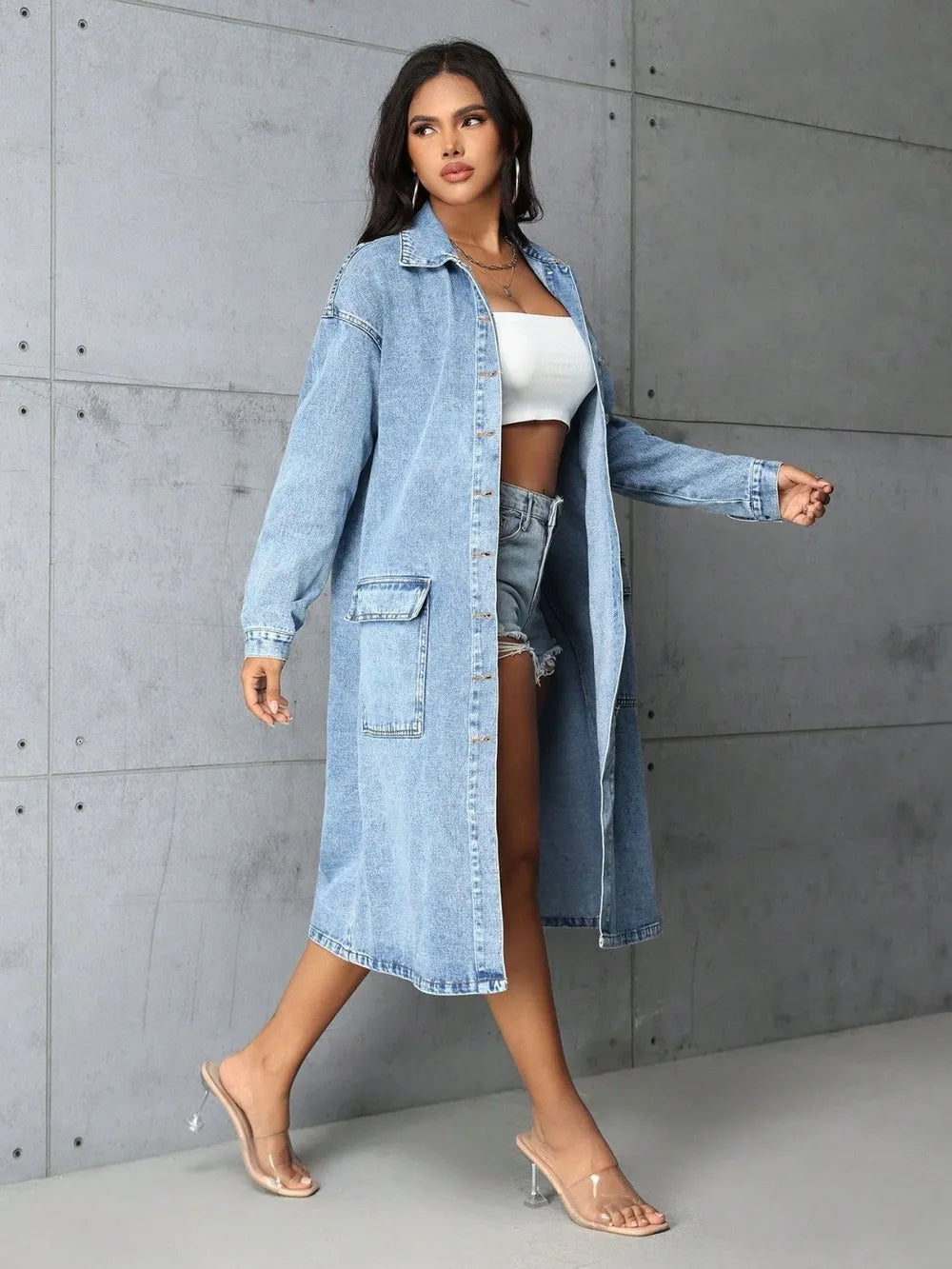Button Up Collared Denim Top in Medium Wash