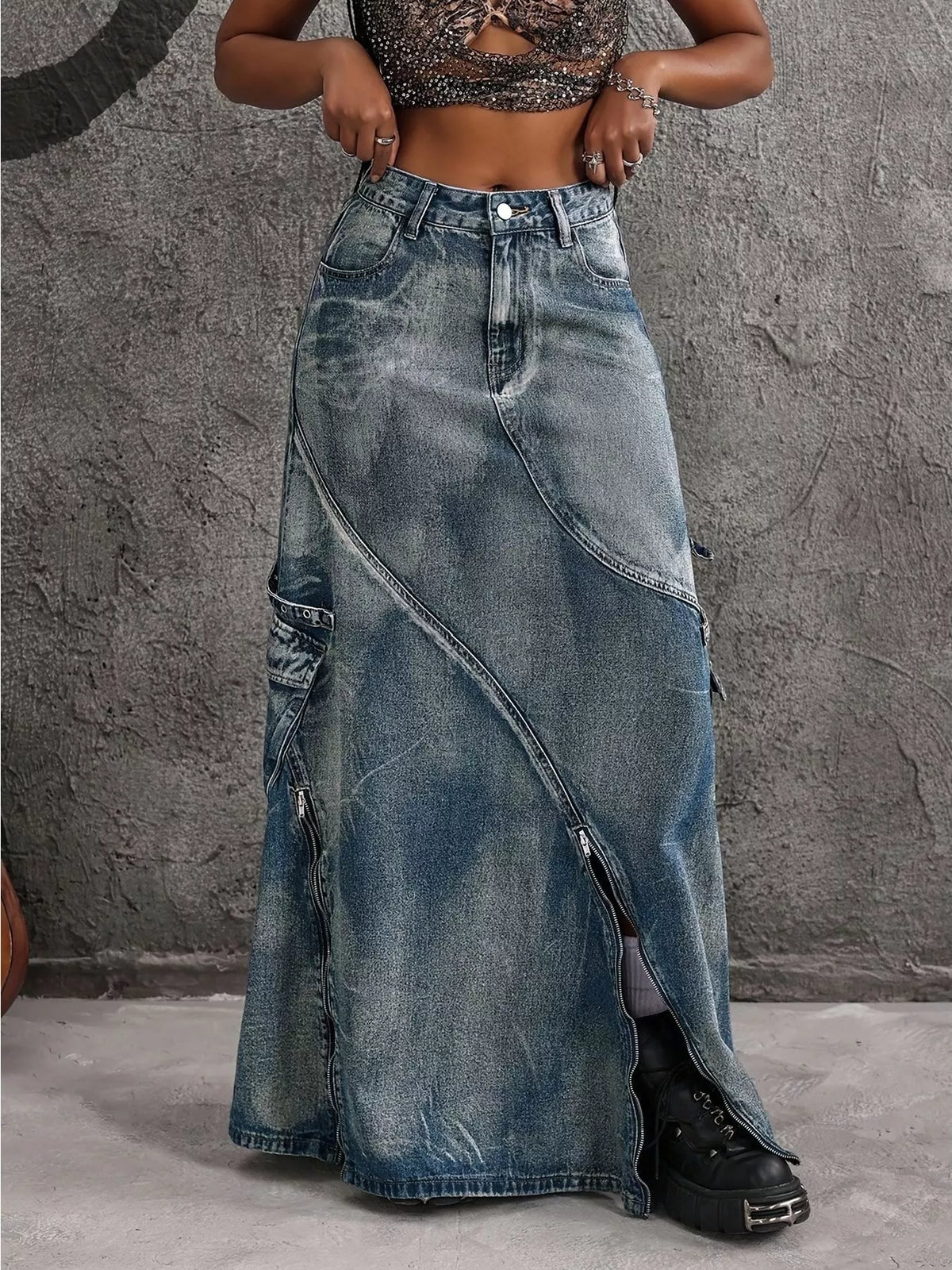 High-Waisted Denim Maxi Skirt in Blue