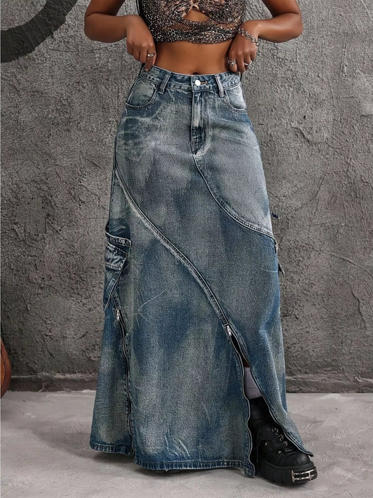 High-Waisted Denim Maxi Skirt in Blue