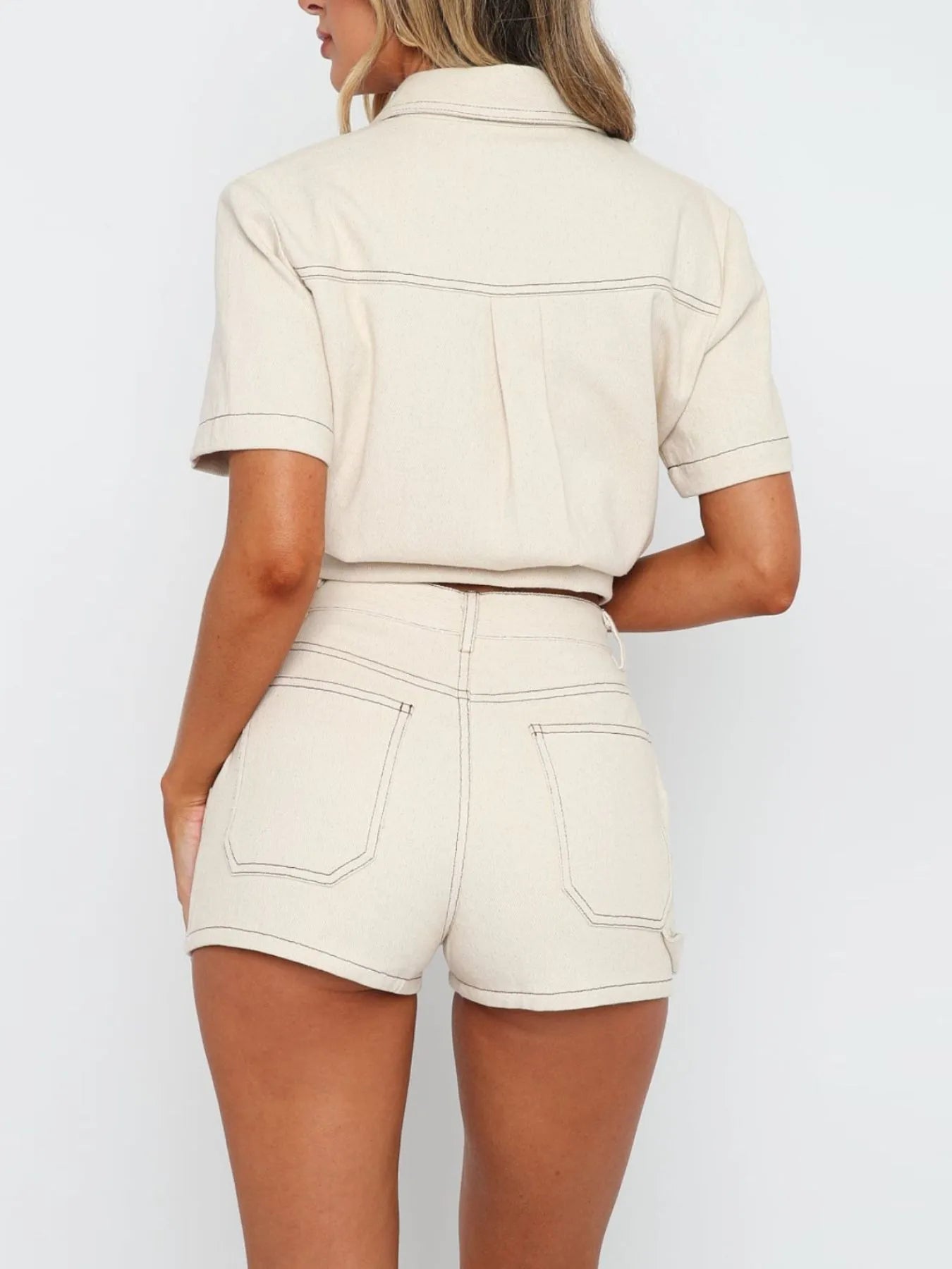 Button-Up Short-Sleeve Top and Shorts Denim Set