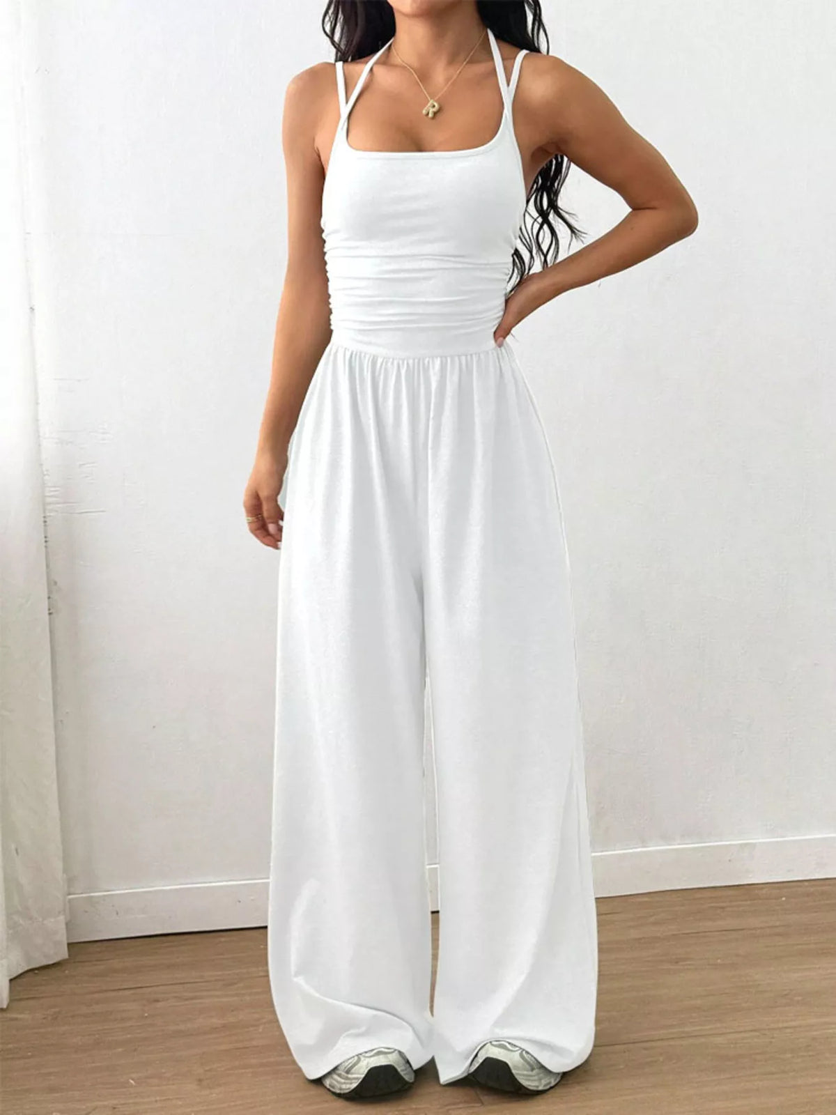 Ruched Spaghetti Strap Wide Leg Jumpsuit