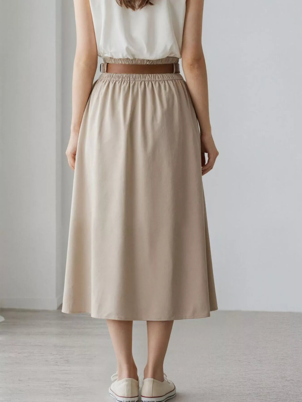 Apricot High-Waisted A-Line Midi Skirt