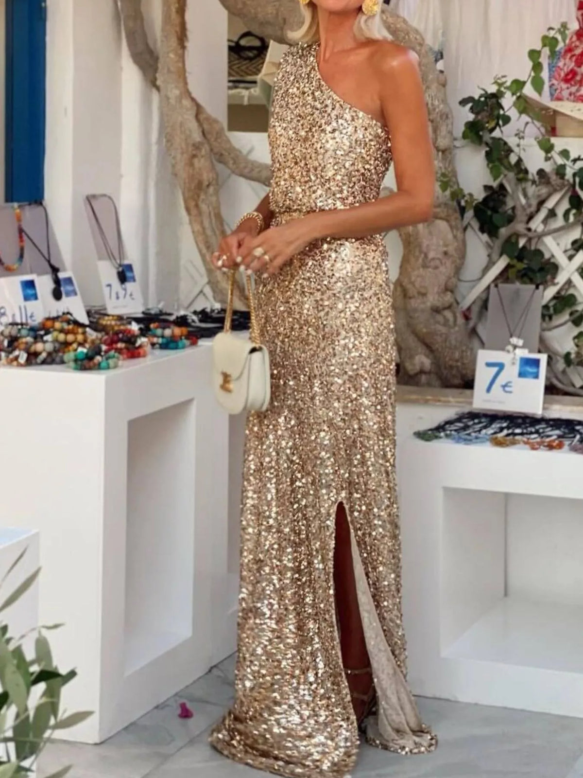 Sequin One-Shoulder Maxi Dress in Beige