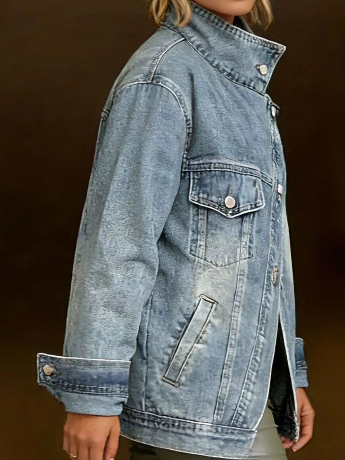 Asymmetric Stand Collar Denim Jacket