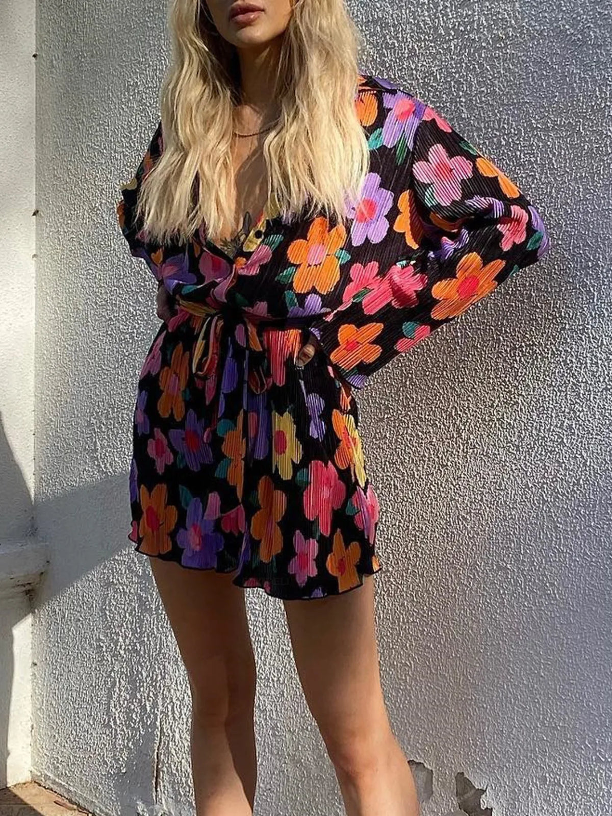 Printed Long-Sleeve Button-Front Mini Dress
