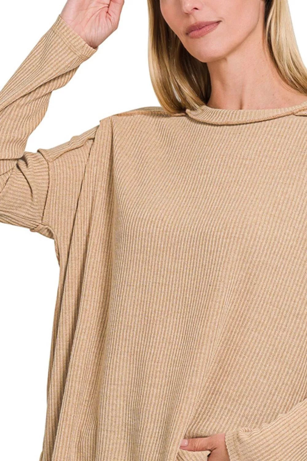 Zenana Ribbed Drop-Shoulder Round Neck Sweater in Beige