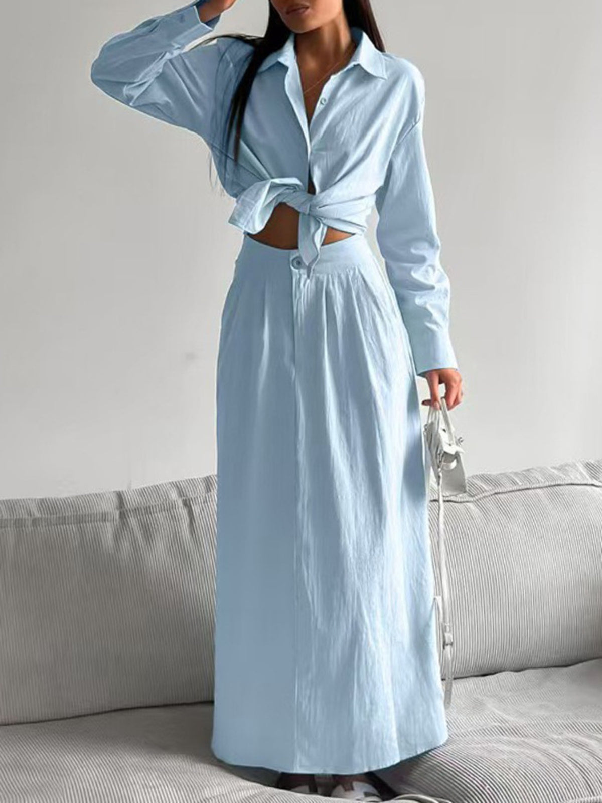 Tie-Front Shirt and Maxi Skirt Set in Light Blue