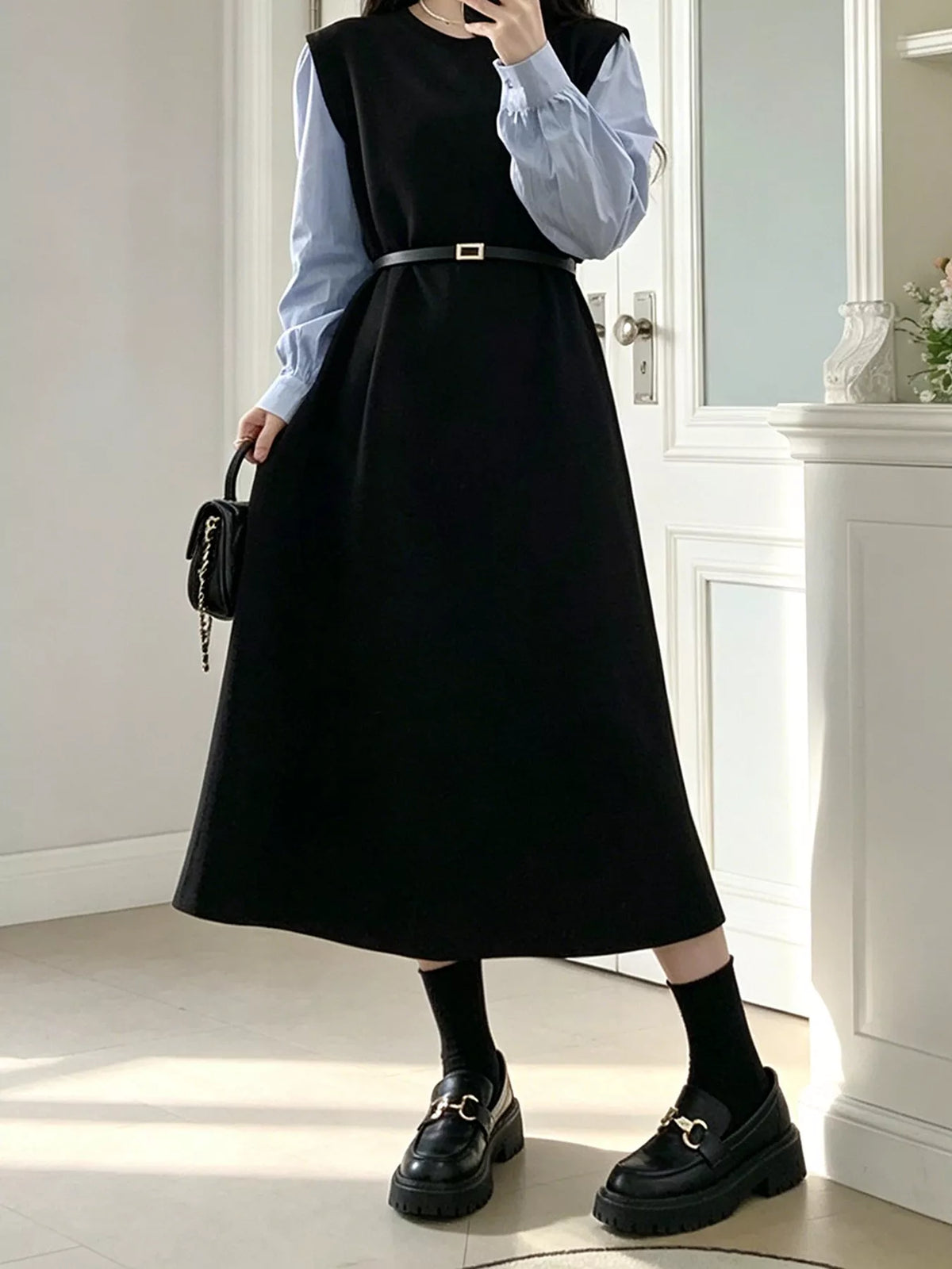 Contrast Sleeve A-Line Dress with Belt in Black