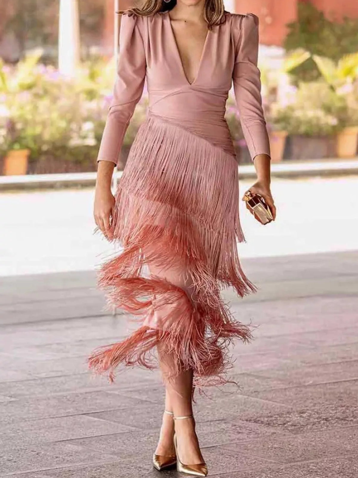 Fringed V-Neck Puff Sleeve Maxi Dress