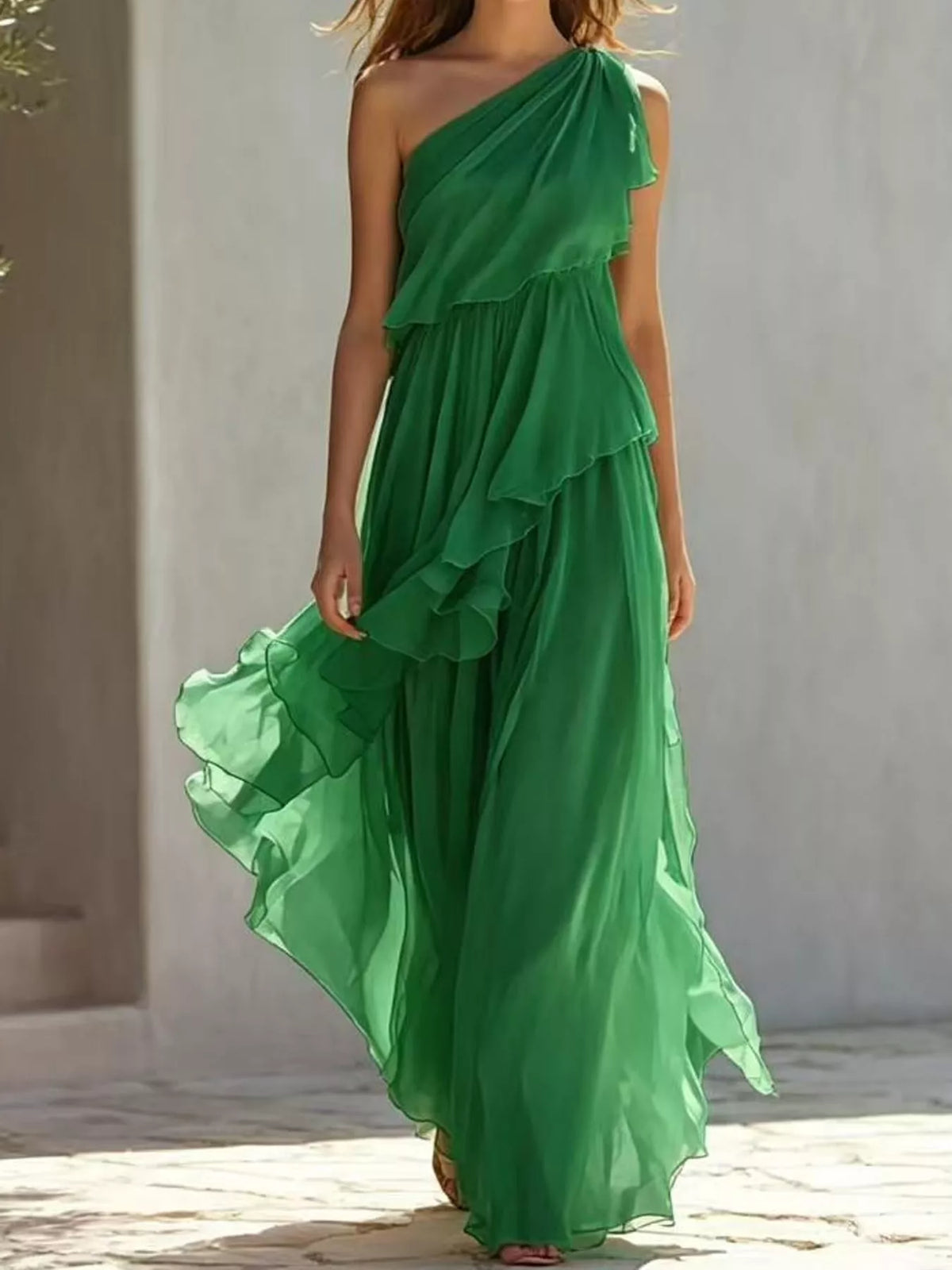 One-Shoulder Ruffled Chiffon Maxi Dress