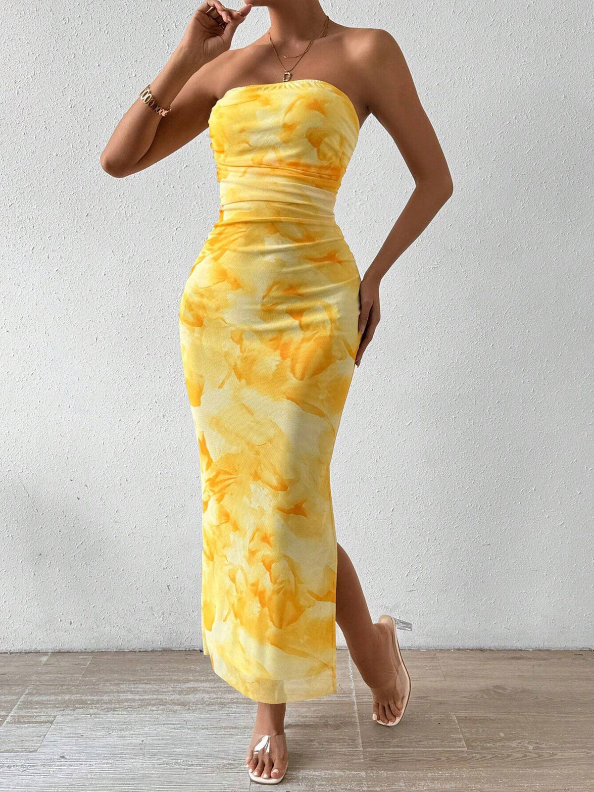 Ruched Strapless Bodycon Midi Dress in Yellow