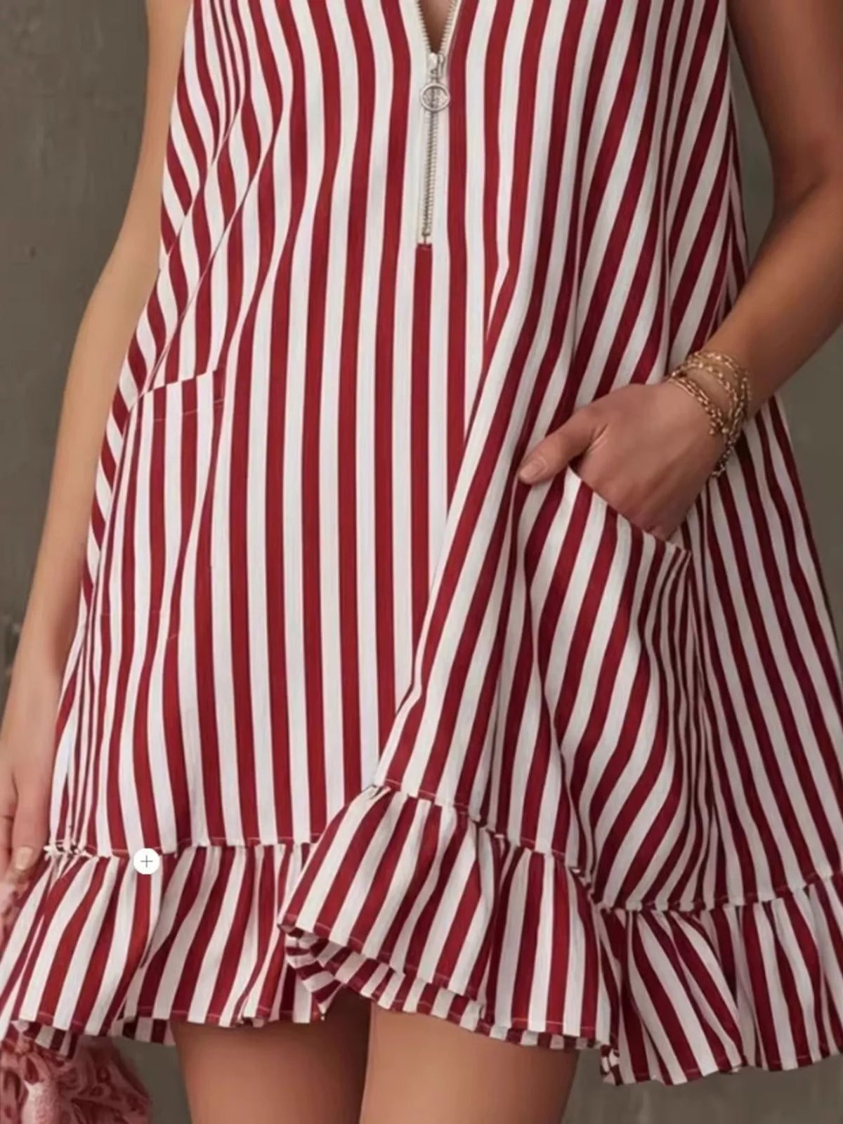 Striped Zipper-Neck Ruffle Hem Dress
