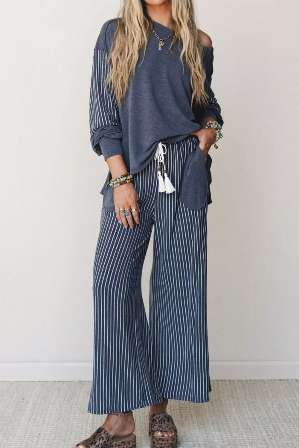 Raw Seam Patchwork Top and Pants Set in Dusty Blue