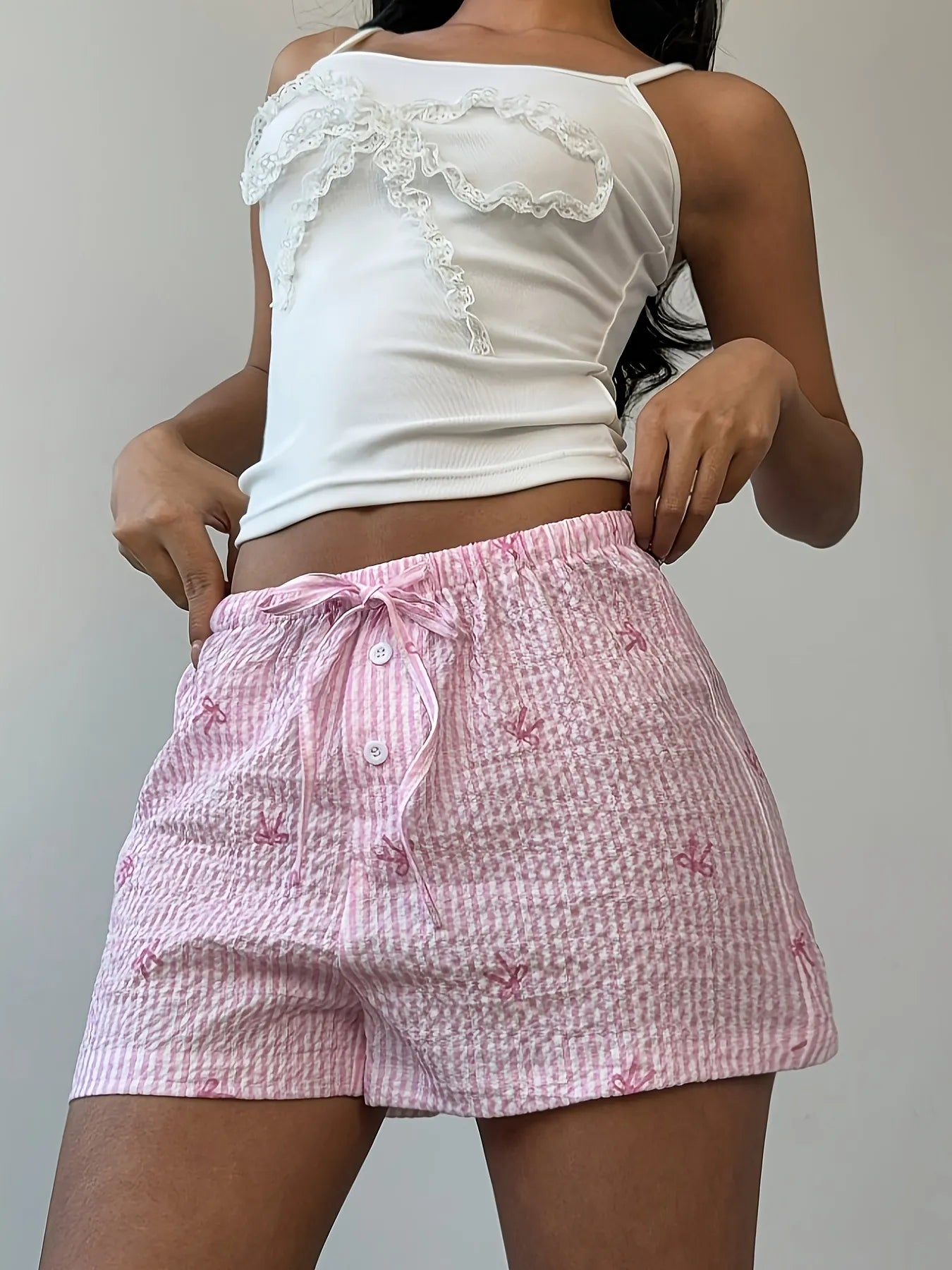 Bow Drawstring Striped Shorts in Pink Plaid