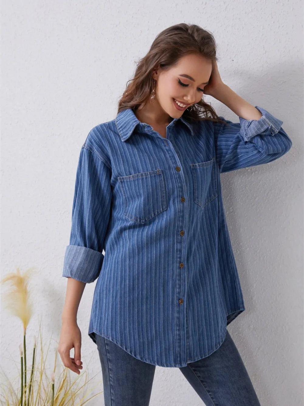 Striped Long Sleeve Denim Shirt in Medium Wash by Y.Y@Denim
