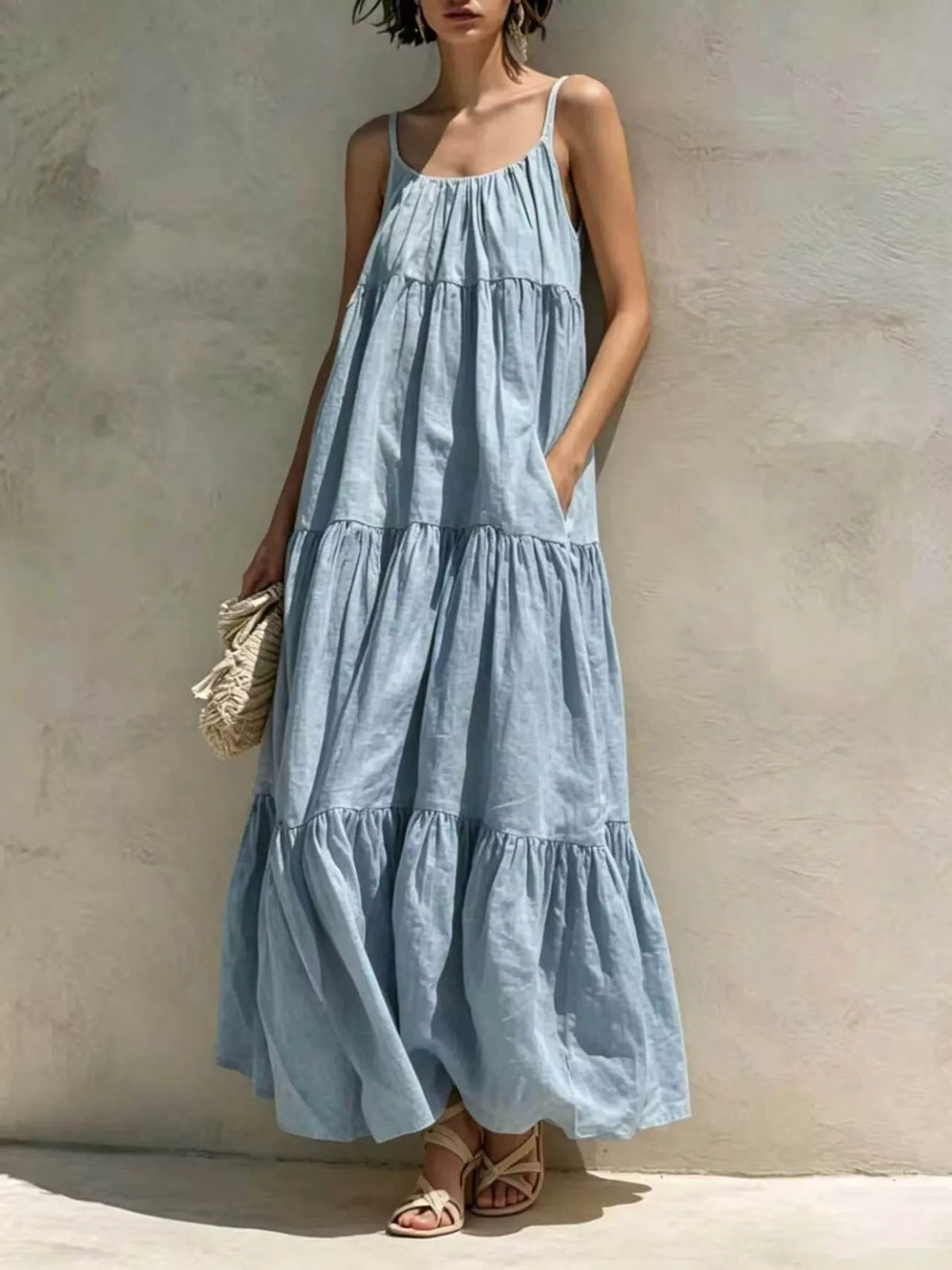Tiered Scoop Neck Maxi Dress with Pockets