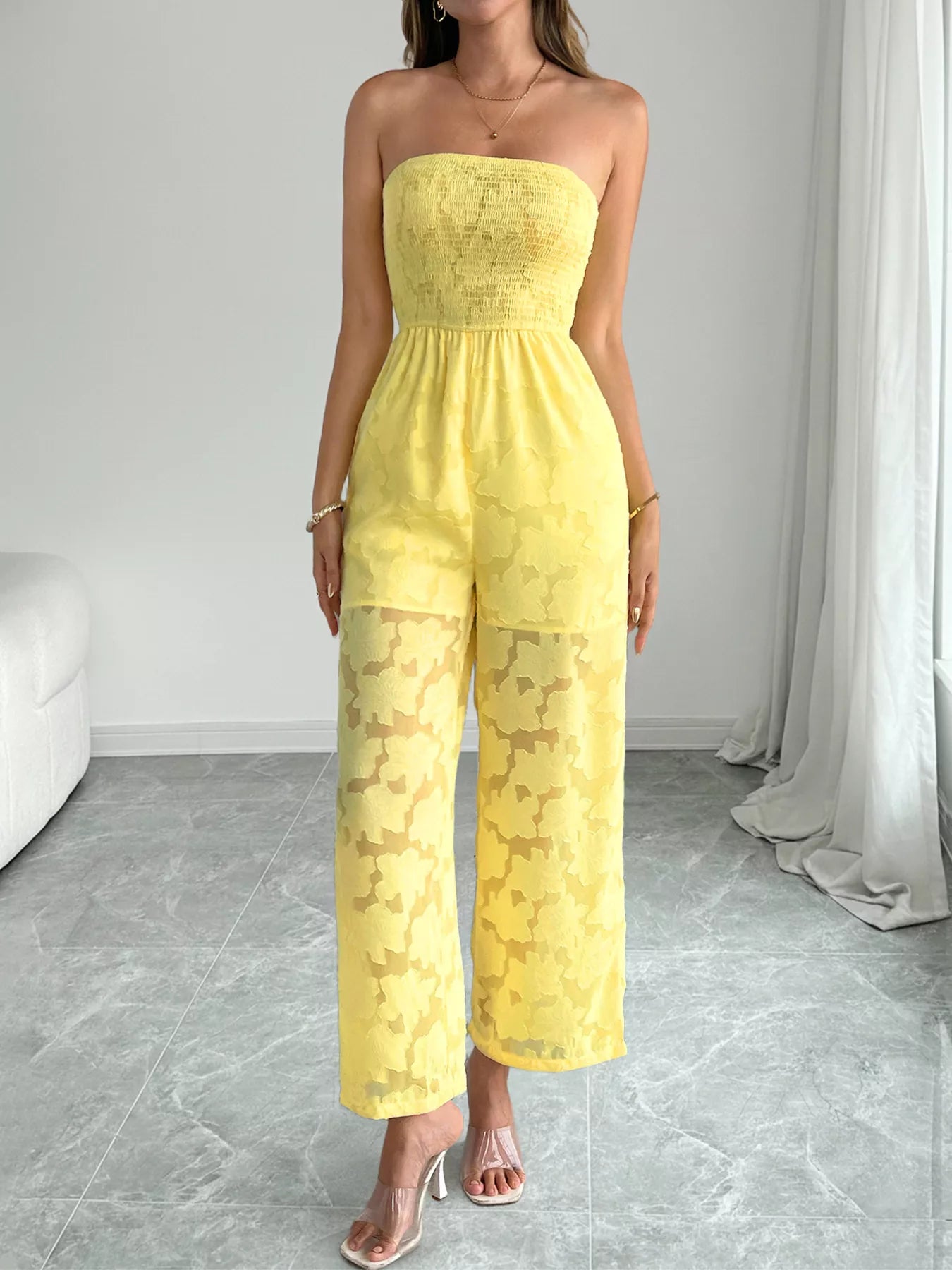 Lace Smocked Tube Jumpsuit in Yellow