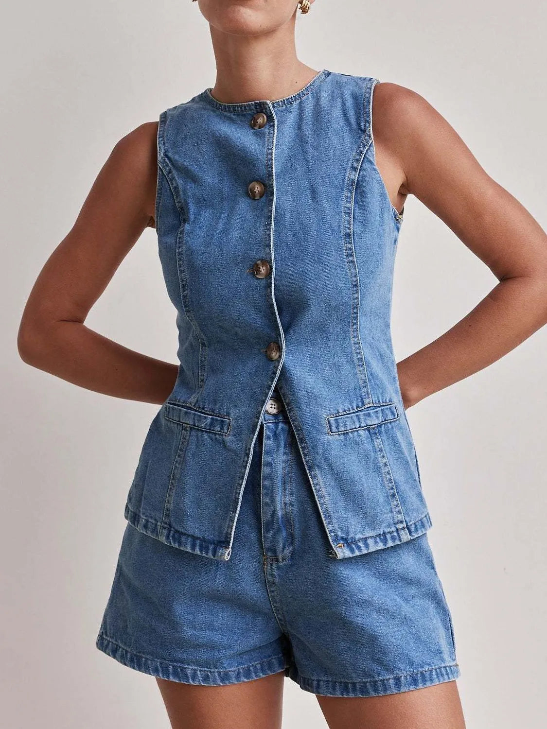 Button-Down Vest and Shorts Denim Set