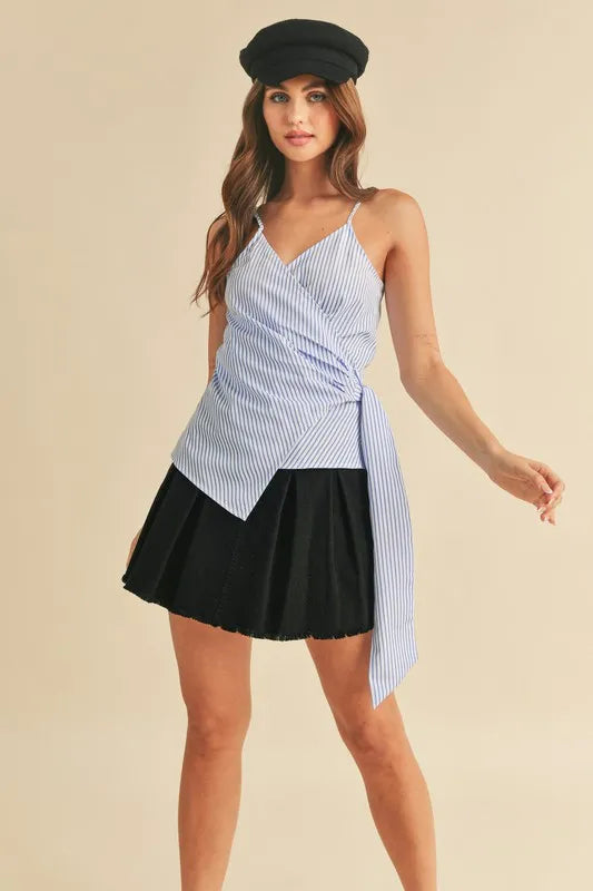 Side Knot Surplice Striped Cami in White and Sky in White/Sky
