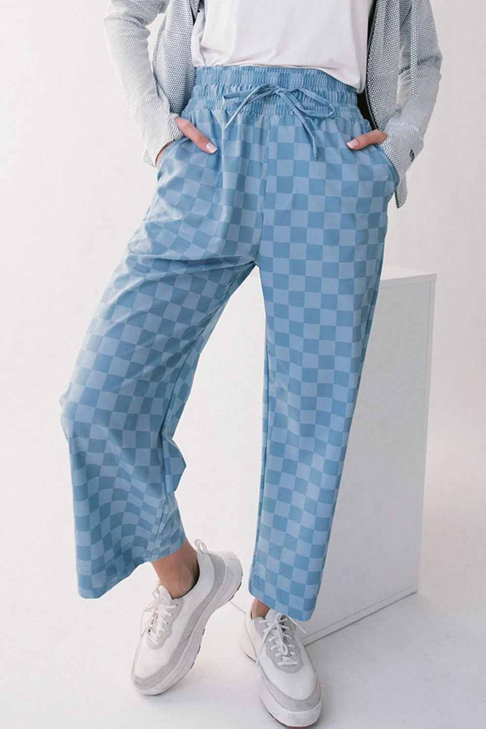 Checkered High-Waist Pants with Drawstring