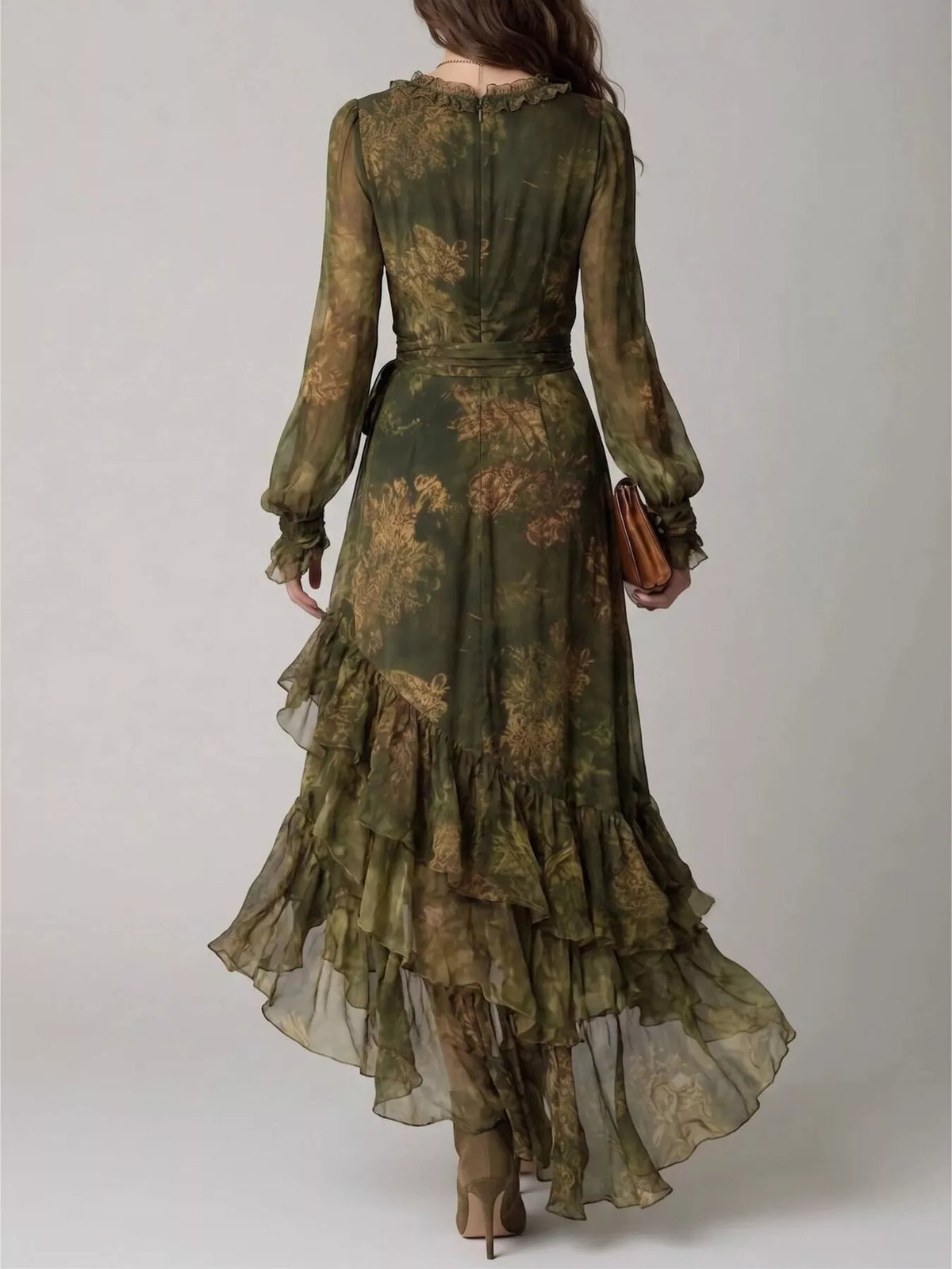 Floral Print Wrap Maxi Dress in Army Green by Yvette
