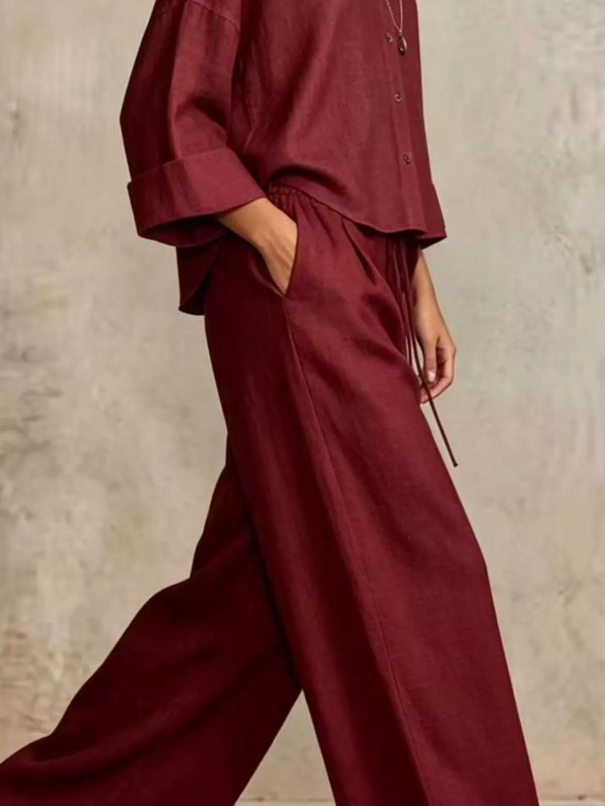 Button-Down Shirt and Wide-Leg Pants Set