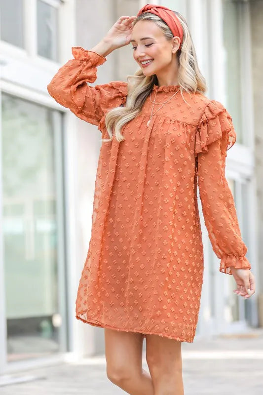 And The Why Ruffle Shoulder Swiss Dot Dress in Camel
