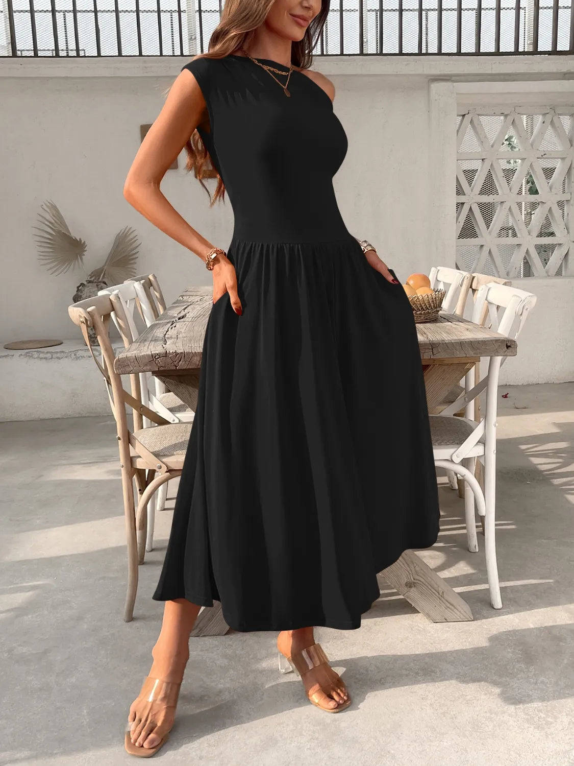 Single-Shoulder Pocketed Dress in Dusty Pink